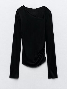 Black Long-Sleeve Asymmetric Draped Top
